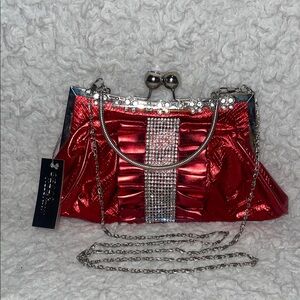 New Red Metallic Evening Clutch Bag with Ruffles & Rhinestone Accents